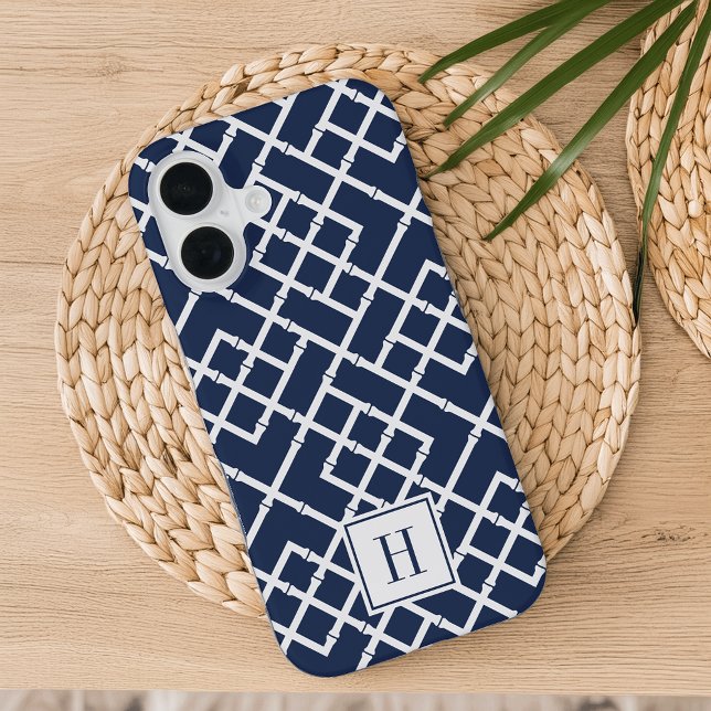 Navy Bambus-Gittermuster-Monogramm iPhone 16 Hülle (Von Creator hochgeladen)