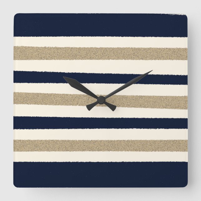 Navy / Beige Paper Stripes Quadratische Wanduhr (Vorderseite)