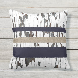Navy / Beige / Weiße Streifen über Peelingholz  Kissen