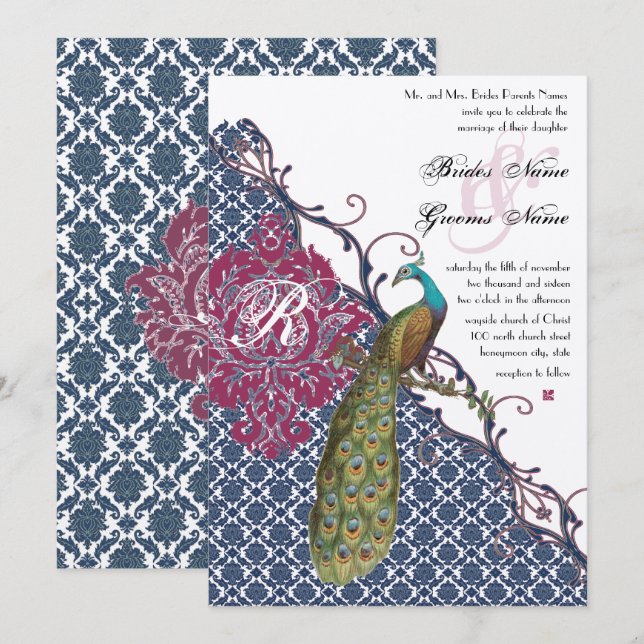 Navy & Berry Berry Elegant Damask Peacock Wedding Einladung (Vorne/Hinten)