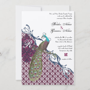 Navy & Berry Berry Elegant Damask Peacock Wedding Einladung