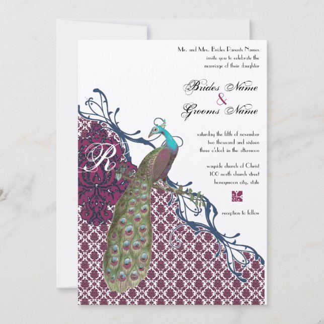 Navy & Berry Berry Elegant Damask Peacock Wedding Einladung (Vorderseite)