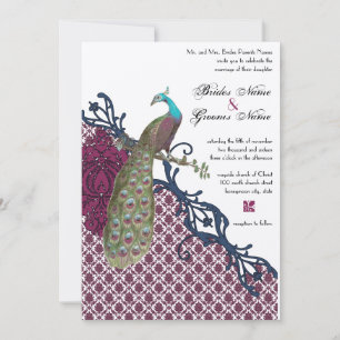 Navy & Berry Berry Elegant Damask Peacock Wedding Einladung