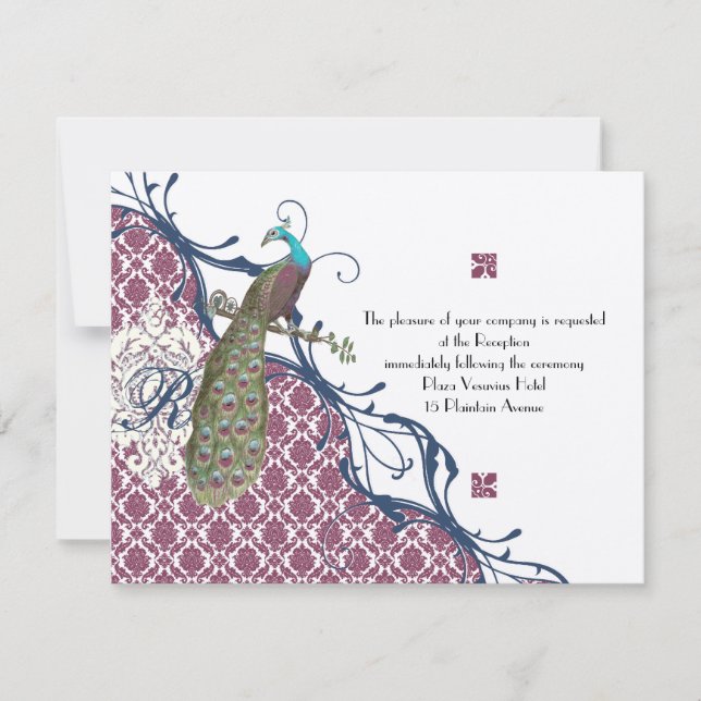 Navy & Berry Berry Elegant Damask Peacock Wedding Einladung (Vorderseite)