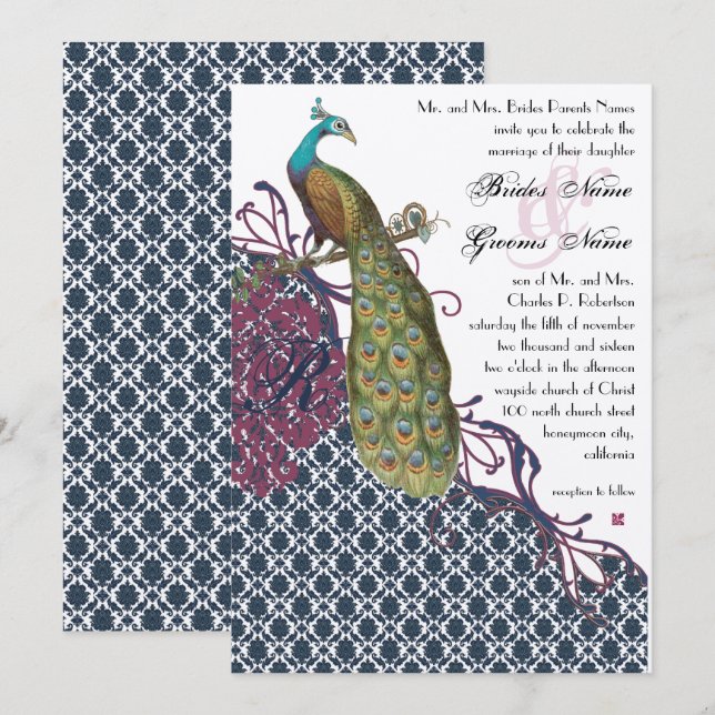 Navy & Berry Berry Elegant Damask Peacock Wedding Einladung (Vorne/Hinten)
