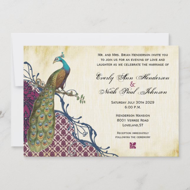 Navy & Berry Berry Elegant Damask Peacock Wedding Einladung (Vorderseite)
