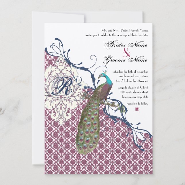 Navy & Berry Berry Elegant Damask Peacock Wedding Einladung (Vorderseite)