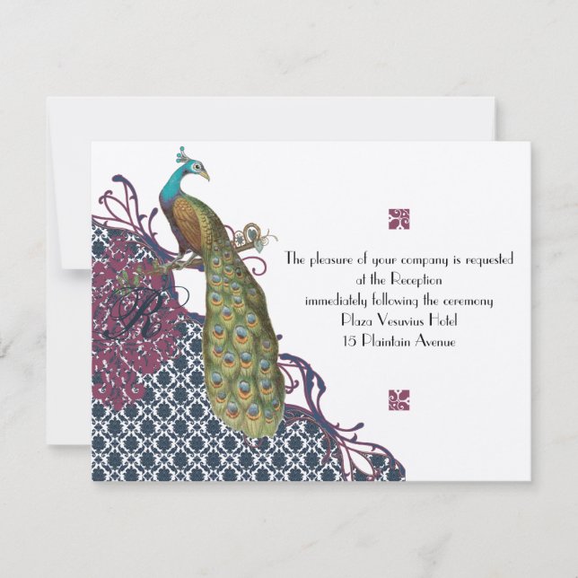 Navy & Berry Berry Elegant Damask Peacock Wedding Einladung (Vorderseite)