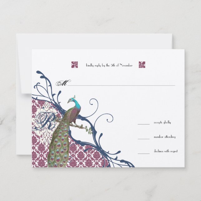 Navy & Berry Berry Elegant Damask Peacock Wedding RSVP Karte (Vorderseite)