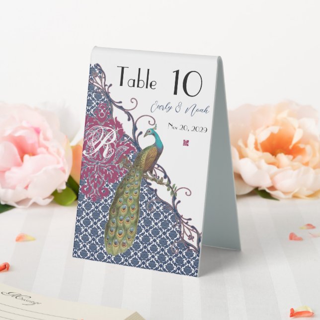 Navy & Berry Berry Elegant Damask Peacock Wedding Tischaufsteller (In Situ (Hochzeit))