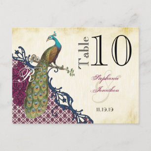 Navy & Berry Berry Elegante Damast-Pfau-Hochzeit Postkarte