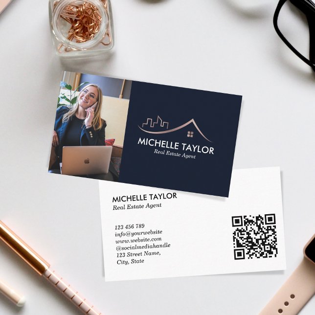 Navy Beruflich Real Anwesen Realtor Foto QR Visitenkarte (Von Creator hochgeladen)