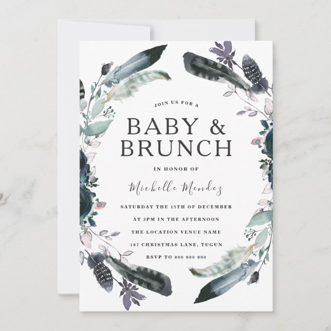 Navy Black Gray Wreath Baby & Brunch Babydusche Einladung (Vorderseite)
