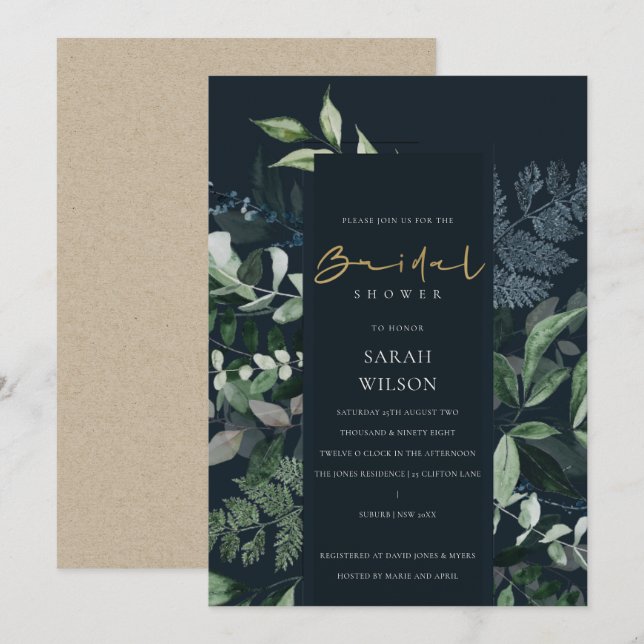 Navy Black Green Leafy Fauna Brautparty Einladung (Vorne/Hinten)
