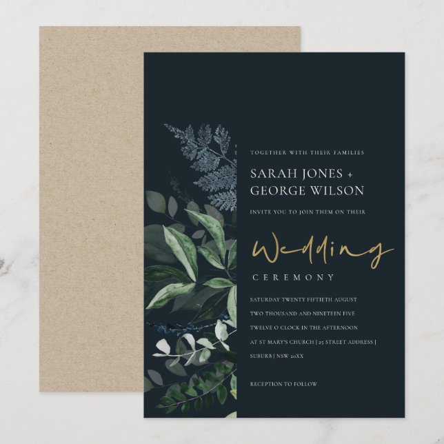 Navy Black Green Leafy Foliage Hochzeit Einladung (Vorne/Hinten)