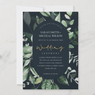 Navy Black Green Leafy Foliage Wedding Invite Dankeskarte