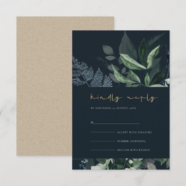 Navy Black Green Leafy Foliage Wedding Rsvp Begleitkarte (Vorne/Hinten)