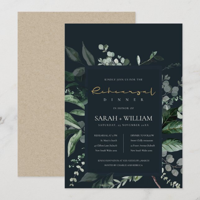 Navy Black Leafy Fauna Probe Dinner einladen Dankeskarte (Vorne/Hinten)