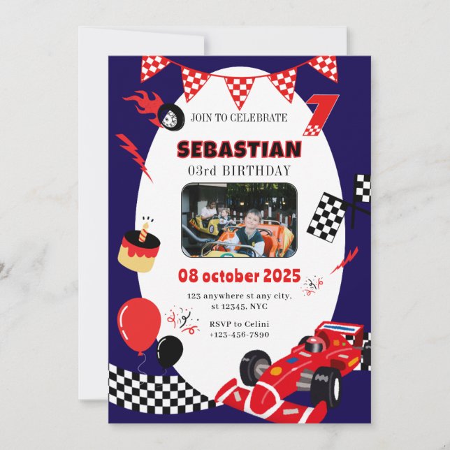 Navy & Black Race Geburtstagsfeier Einladung Custo (Vorderseite)