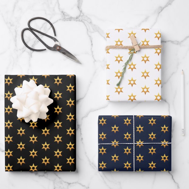 Navy Black und White Hanukkah Golden David Star Geschenkpapier Set (Vorderseite)