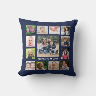 Navy Blau 13 Foto-Collage Familienname gestreift Kissen