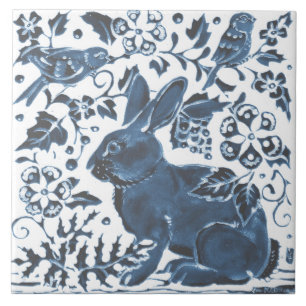 Navy Blau auf dem Leaf des Weißkaninchen Bird Asi Fliese