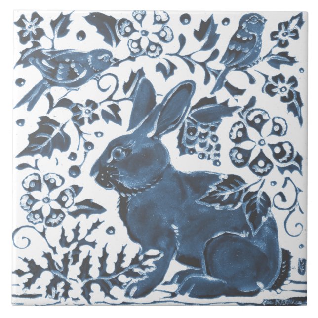 Navy Blau auf dem Leaf des Weißkaninchen Bird Asia Fliese (Vorderseite)