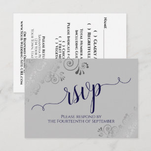 Navy Blau auf Grau Silber Litze Kalligrafie Hochze RSVP Karte