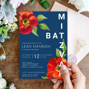 Navy Blau Bat Mitzvah Rot Floral Modern Aquarell Einladung