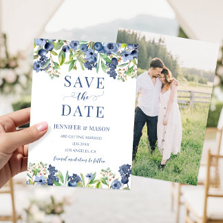 Navy Blau Blaubeer Blumen Save The Date Foto Einladung
