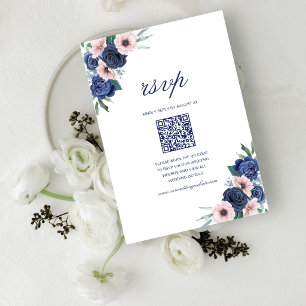 Navy Blau & Blush Blumen Geometrische Hochzeits-QR RSVP Karte