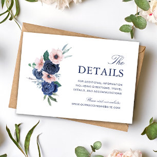 Navy Blau & Blush Blumen Hochzeitsinformationen Begleitkarte