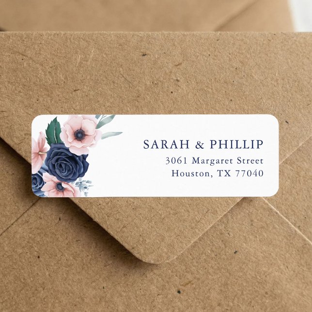 Navy Blau & Blush Blumen Rücksendeadresse  (Navy blue and blush floral return address label adds polished style to every envelope.)
