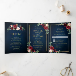 Navy Blau Blush Burgund Gold Geometrische Hochzeit Dreifach Gefaltete Ankündigung