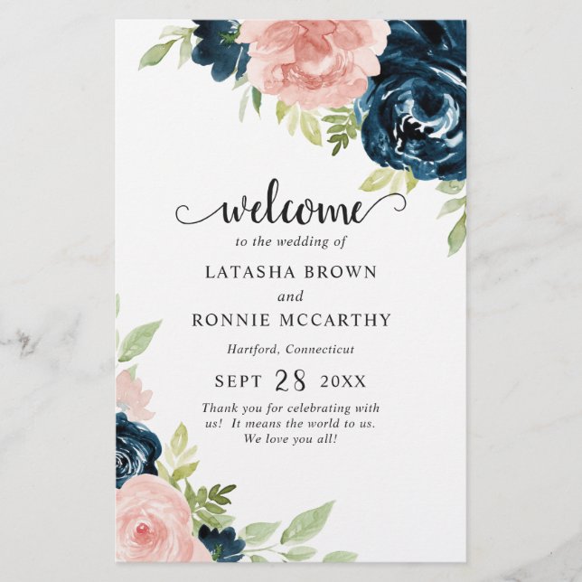 Navy Blau Blush Pink Blumen Hochzeitsprogramm zum  (Vorne)