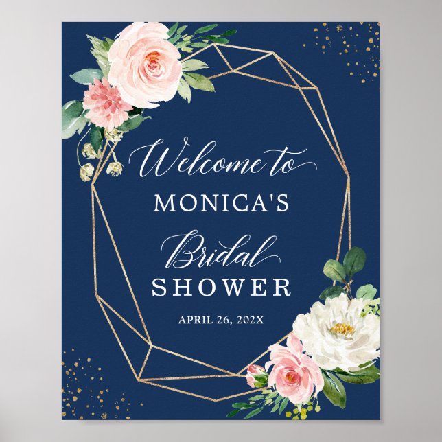 Navy Blau Blush Pink Florales Brautparty-Schild Poster (Vorne)