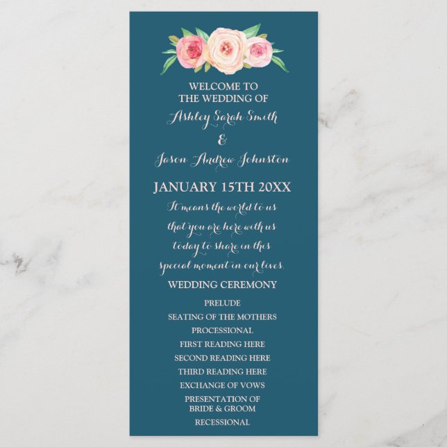 Navy Blau Blush Pink Florales Hochzeitsprogramm Programm (Vorderseite)