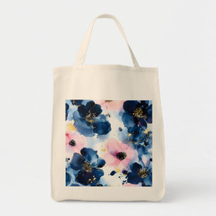 Navy Blau Blush Pink Gold Wasserfarben-Blumenmust Tragetasche