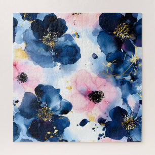 Navy Blau Blush Pink Gold Wasserfarben Floral