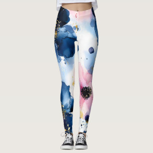 Navy Blau Blush Pink Gold Wasserfarben Floral Leggings