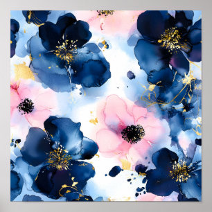 Navy Blau Blush Pink Gold Wasserfarben Floral Poster