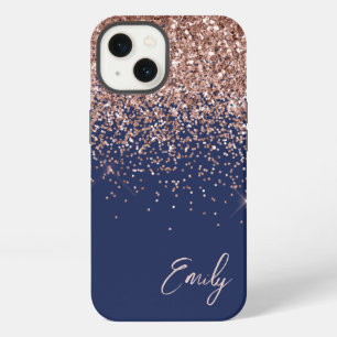 Navy Blau Blush Pink Rose Gold Glitter Monogramm iPhone Hülle