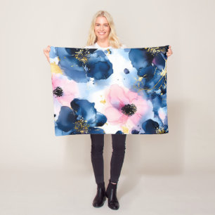 Navy Blau Blush Rosa Gold Aquarell Blumen Fleecedecke