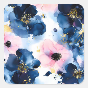 Navy Blau Blush Rosa Gold Aquarell Blumen Quadratischer Aufkleber