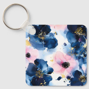 Navy Blau Blush Rosa Gold Aquarell Blumen Schlüsselanhänger