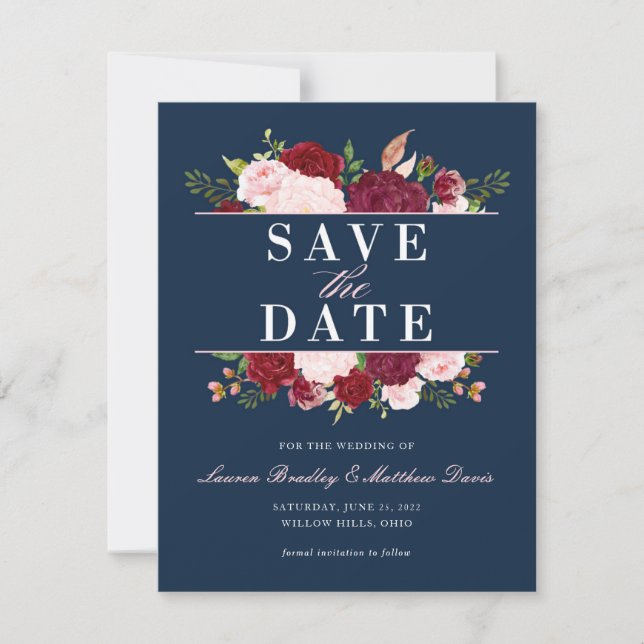 Navy Blau, Blush und Burgund Floral Aquarell Save The Date (Vorderseite)