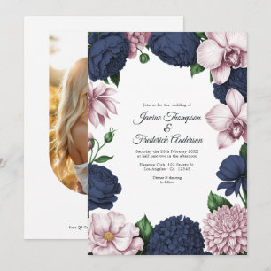 Navy Blau & Blush Wasserfarben Blumen Hochzeit Einladung