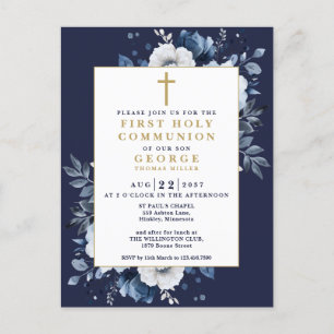 Navy-Blau-Boho-Blumen-Erstkommunion-Einladung Postkarte