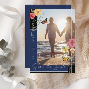 Navy Blau Boho Wildblumen Foto Save the Date
