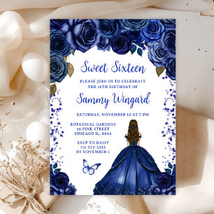 Navy Blau Braun Haar Prinzessin Sweet Sixteen Einladung